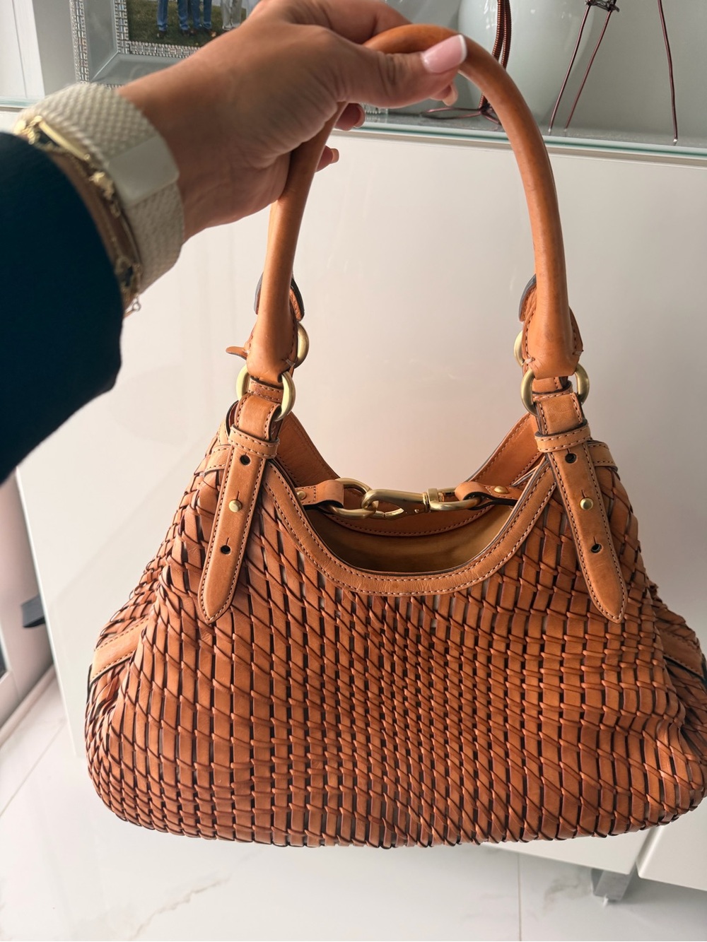 Cole Haan Woven Tan Leather Shoulder Bag with Gold-Tone Chain - Picture 5 of 15